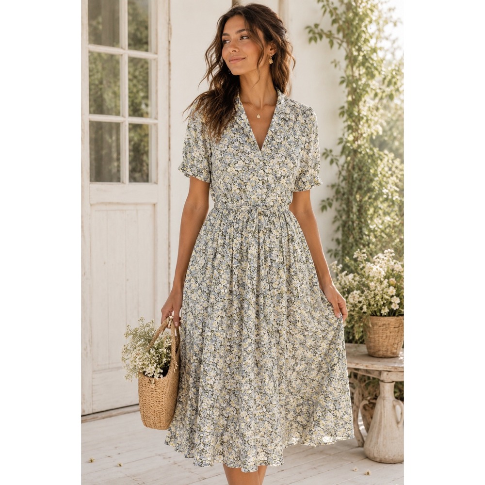 H&M‎ Shirt Dress Blue Floral  Button Down Belted Cottagecore Garden Party XS